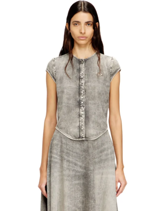 Short-sleeve Denim Shirt With Athletic Stripes