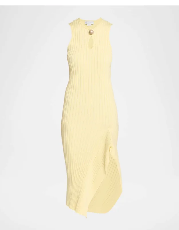 Sleeveless Cotton Ribbed Slit Midi Dress