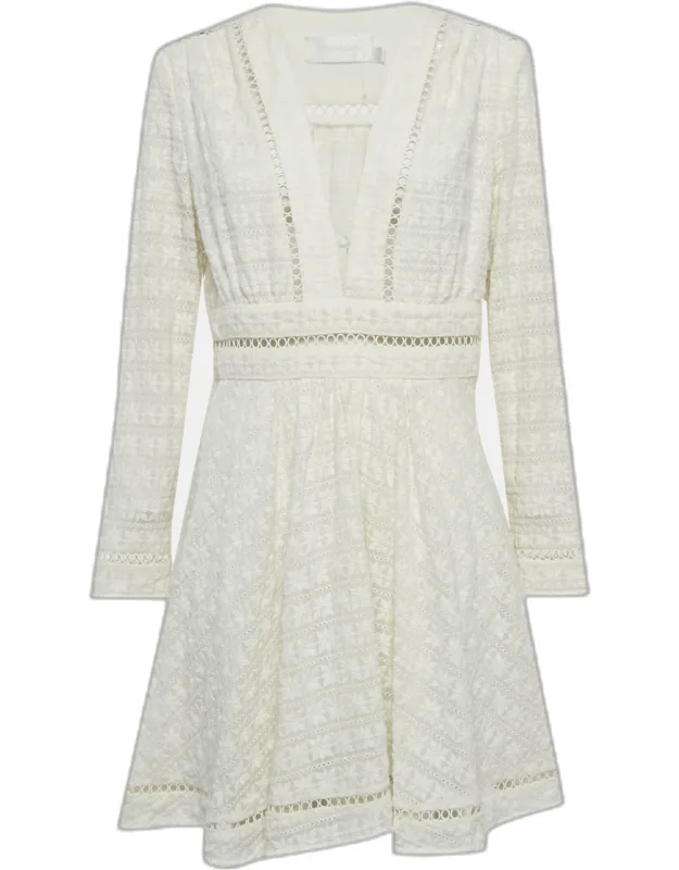 Broderie Cotton Plunge Neckline Mini Dress