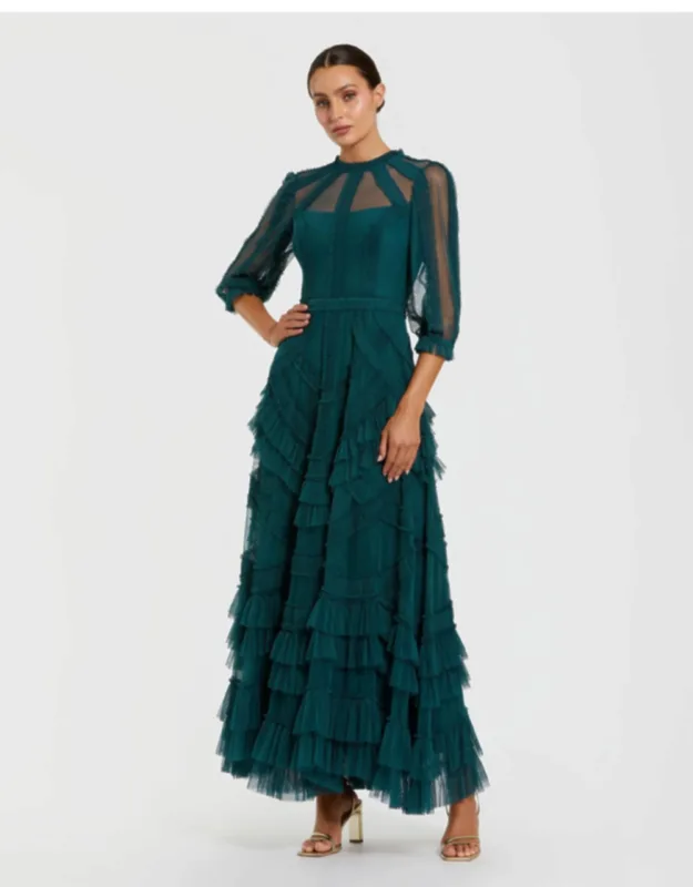 High Neck Micro Ruffle Dress With 3/4 Puff Sleeves