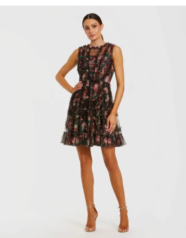 Micro Ruffle Floral A-line Mini Dress
