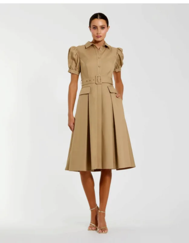 Puff Sleeve Belted Midi Shirt Dress