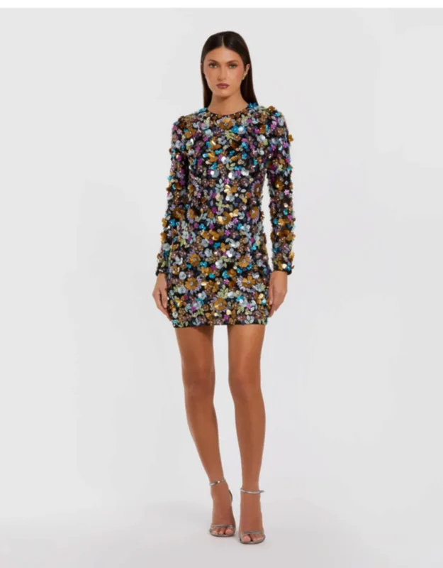 Long Sleeve Multicolor 3d Sequin Mini Dress