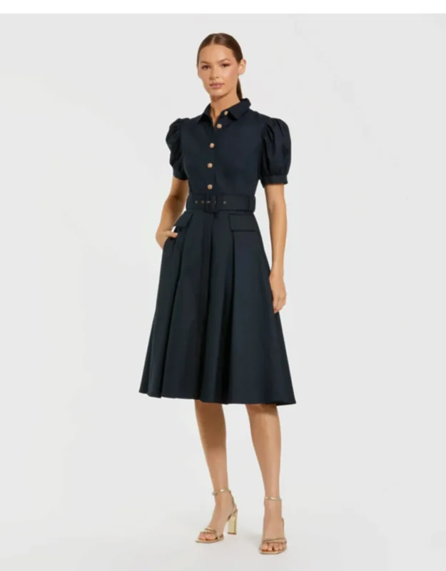 Puff Sleeve Belted Midi Shirt Dress