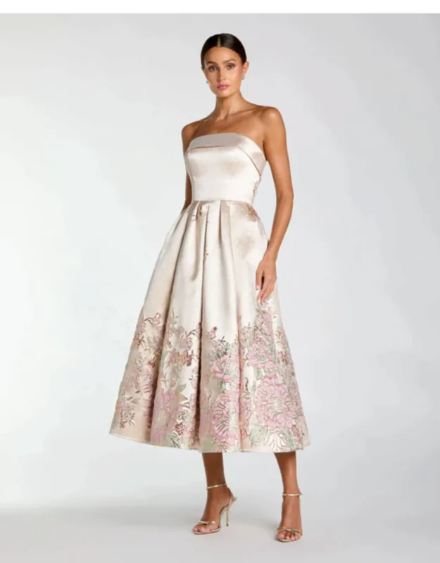 Ivory Strapless Brocade A Line Midi Dress