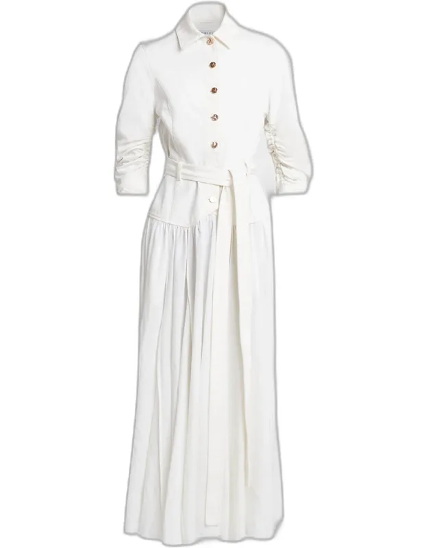 Ruched-sleeve Belted Midi Shirtdress