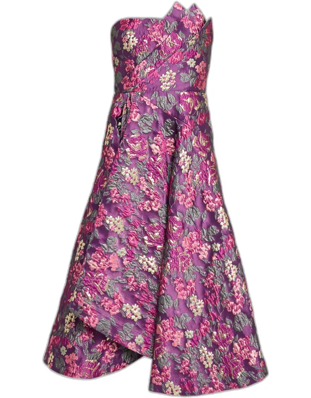 Strapless Floral Jacquard Midi Dress