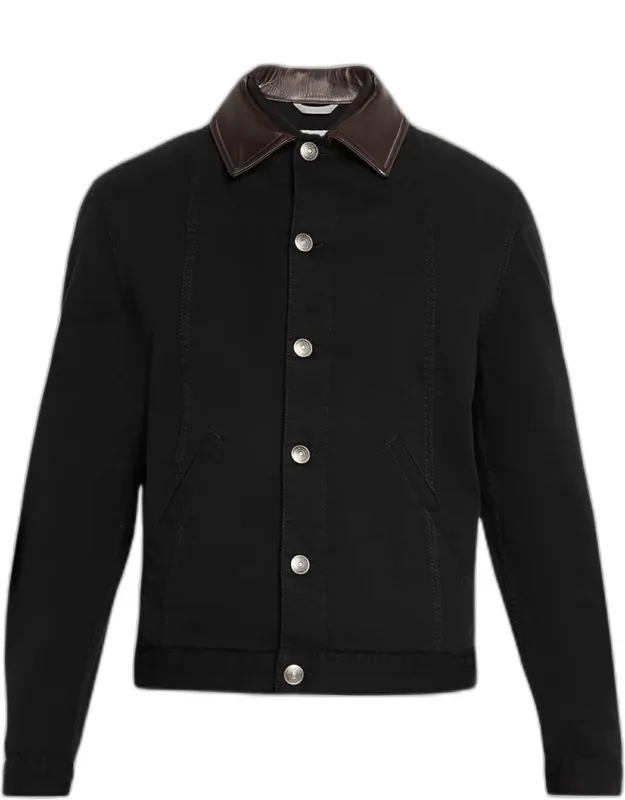 Garment-dyed Denim Leather-collar Shirt Jacket