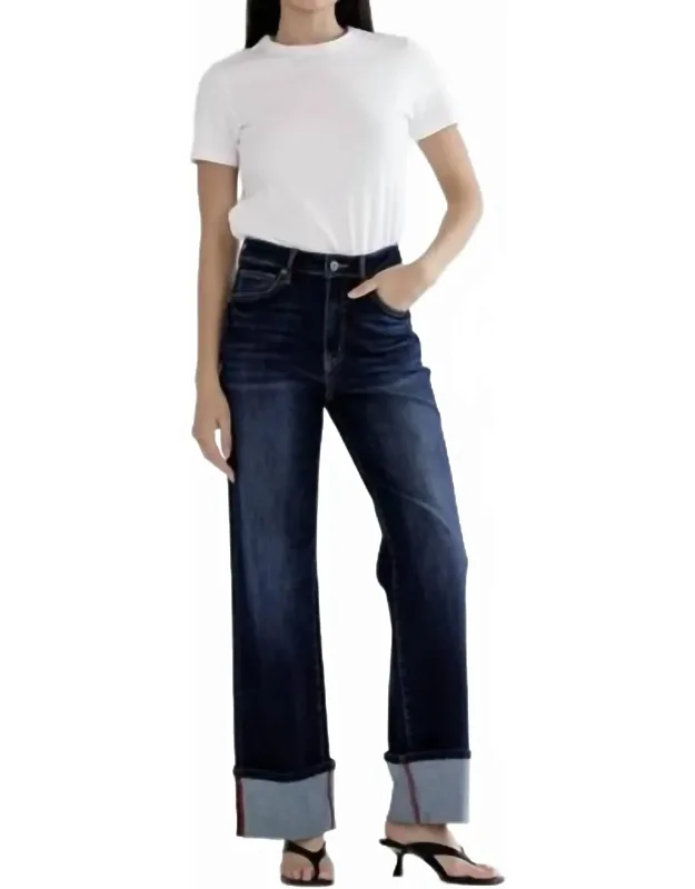 High Rise Wide Leg Cuffed Hem Jeans