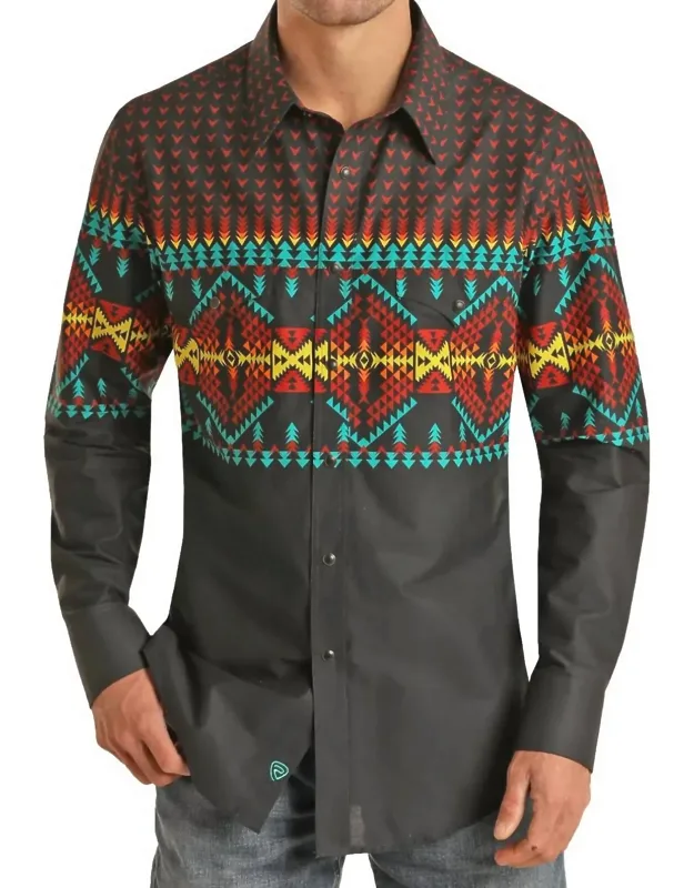 Rock & Roll Long Sleeve 2 Pocket Border Woven Snap Shirt