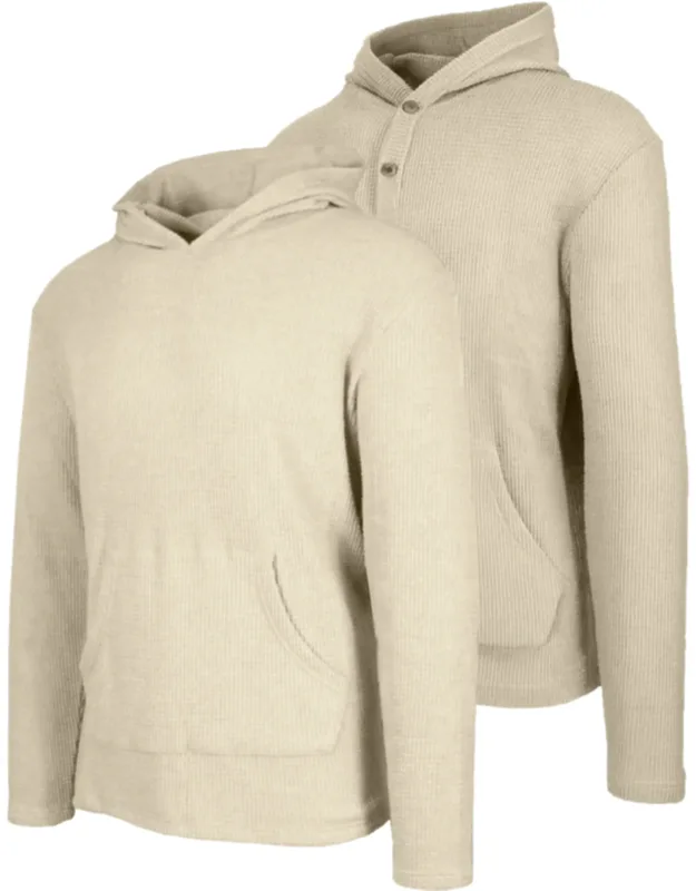 Blue Ice Waffle Knit Thermal Pullover & Henley Hoodie -2 Pack With Kangaroo Pocket And Soft Texture