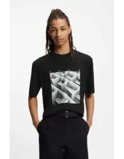 Hugo Printed-artwork T-shirt In Cotton Jersey - Black T-shirts, Laid-back Fit, Soft Cotton