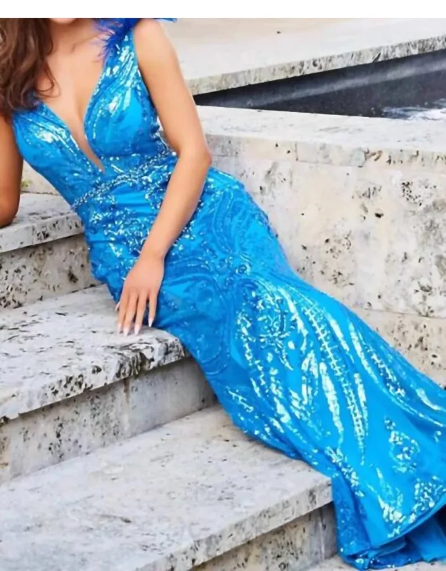 Sequin Mesh Ostrich Feather Straps Prom Dress