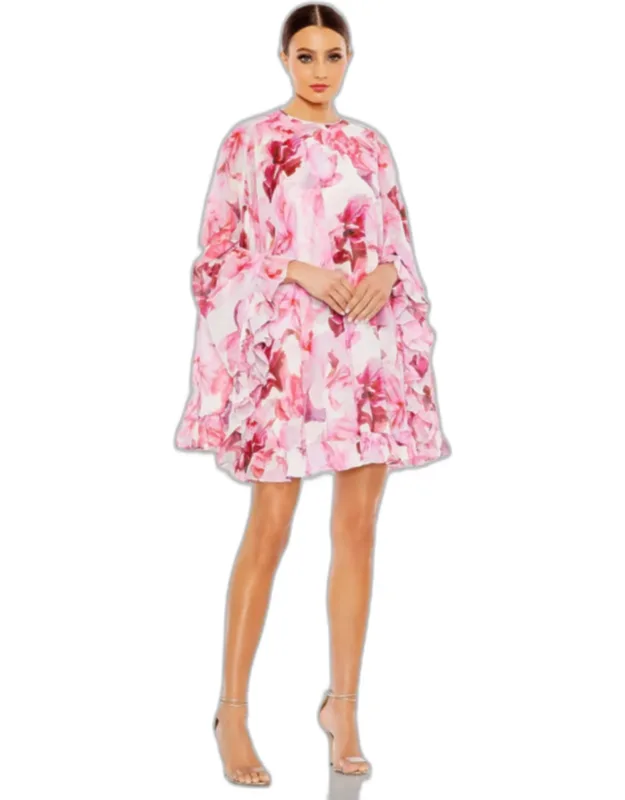 Floral Print High Neck Ruffle Hem Cape Mini Dress