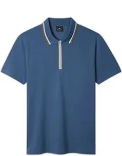 Mid Blue Contrast Tipping Zip Polo Shirt