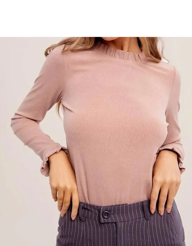 Ribbed Knit Long Sleeve Ruffle Top