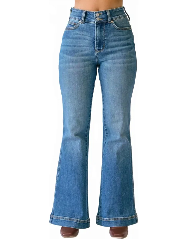 Tummy Control Flare Double Button Waist Band Jeans