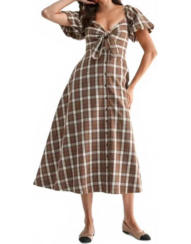 Plaid Tie Front Midi Dress