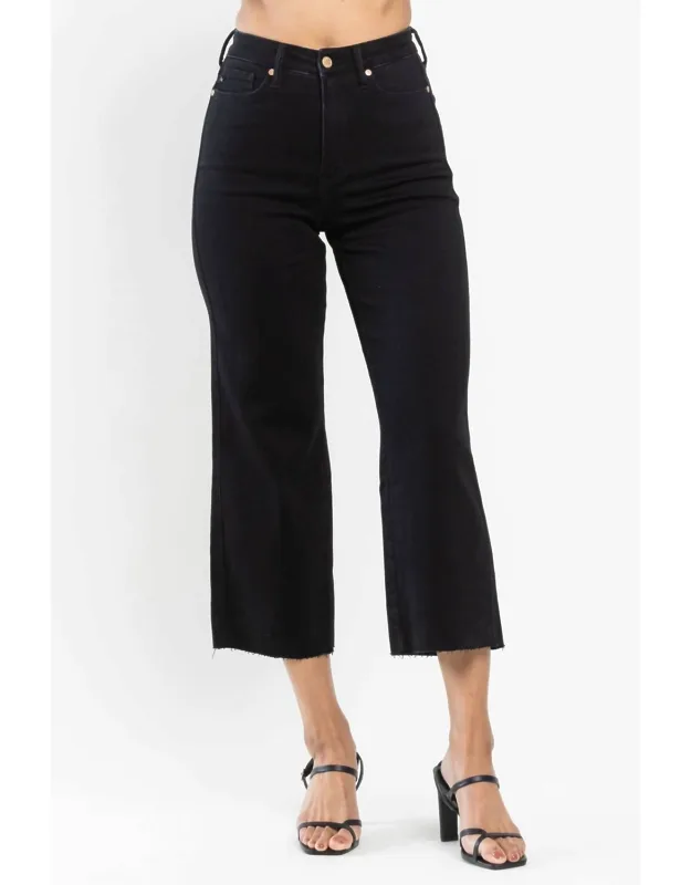 Tummy Control Raw Hem Crop Wide Leg Jeans