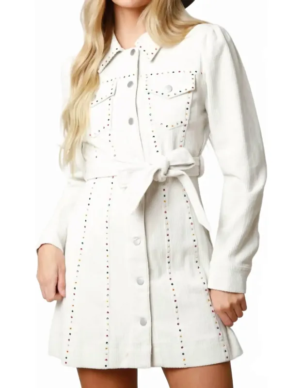 Corduroy Rhinestone Belted Dress