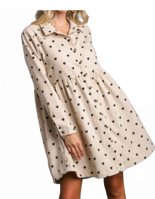 Heart Dot Corduroy Button Up Dress