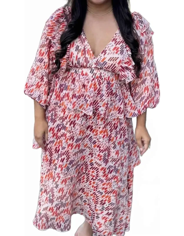 Melody Multi Color Abstract Ruffle Midi Dress