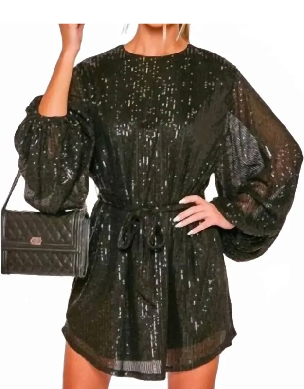 Shimmer Balloon Sleeve Belted Mini Dress