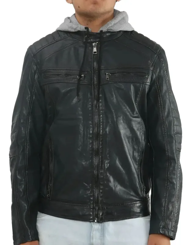 Hooded Biker Lamb Leather Jacket