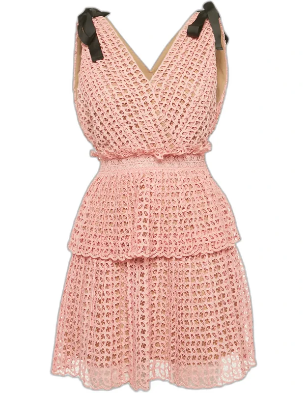 Light Orange Guipure Lace Bow-detail Tiered Dress