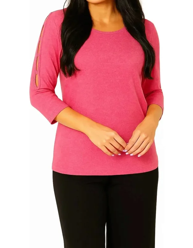 Soft Stretch Sleeve Lattice Crew Neck Top