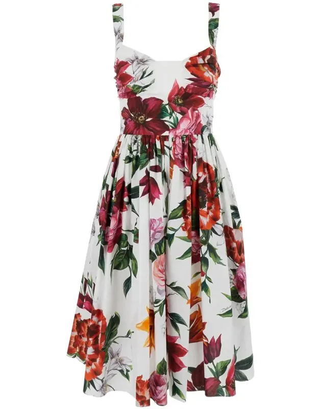 Multicolor Midi Dress With Wide Neckline And All-over Floral Print In Cotton