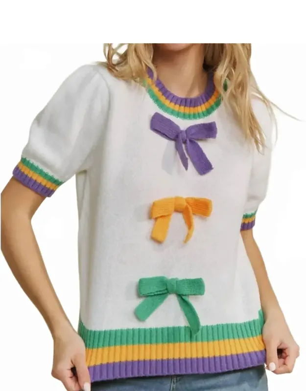 Mardi Gras Bow Short Sleeve Sweater