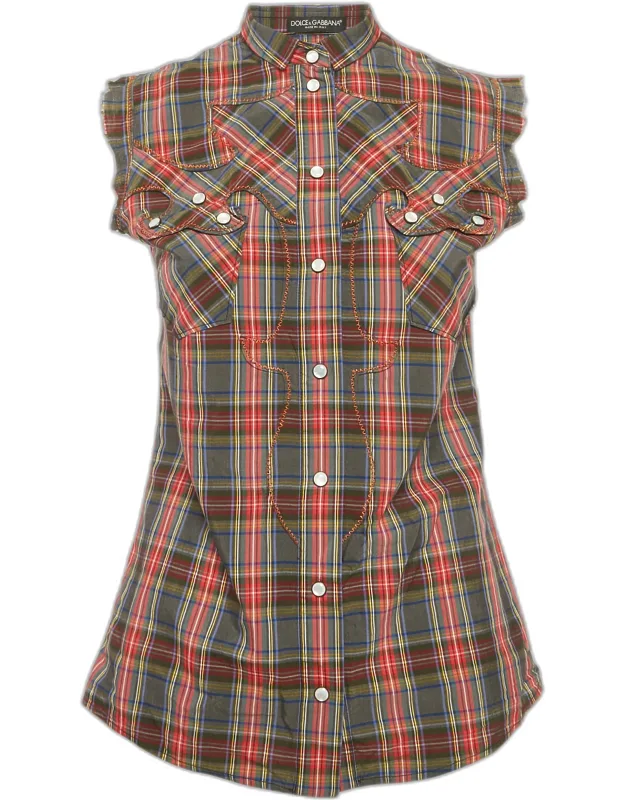 Plaid Cotton Pearl Snap Button Detail Sleeveless Shirt