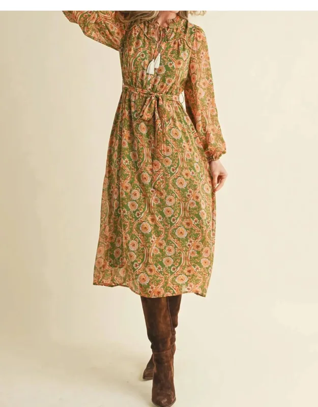 Floral Print Belted Midi Dress