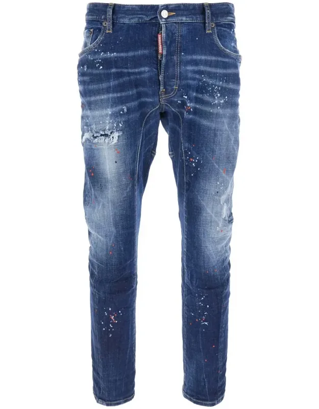 Tidy Biker Jeans With Paint Embellishments And Logo Patch On The Rear In Denim