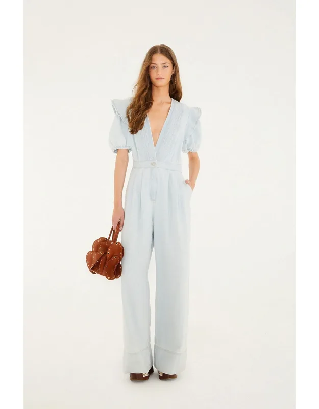 Denim V Neck Pleated Ruffled Jumpsuit