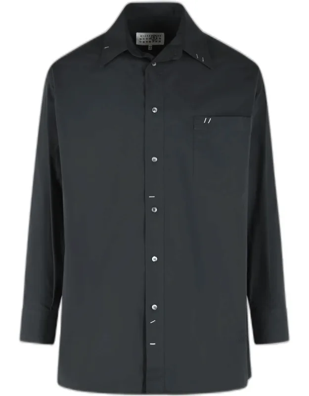 Black Cotton Shirt With Pointed Collar And Chest Patch Pocket