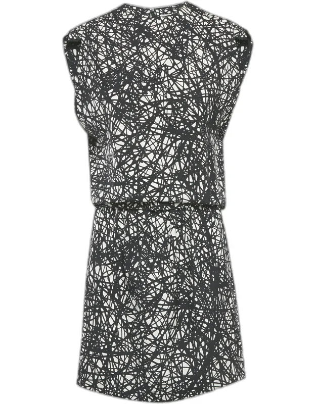 Monochrome Scribbled Noise Print Silk Mini Dress