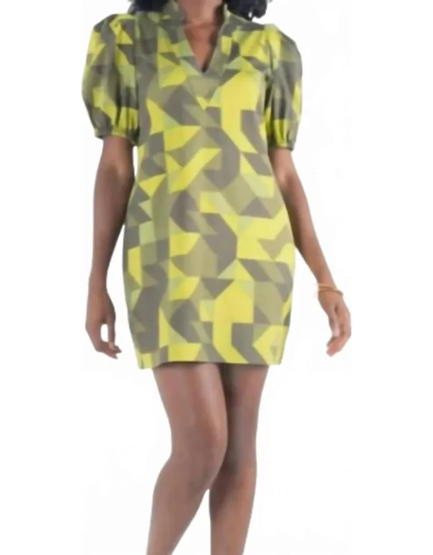 Hampton Mini Dress In Prism With Mandarin Collar And Puff Sleeves