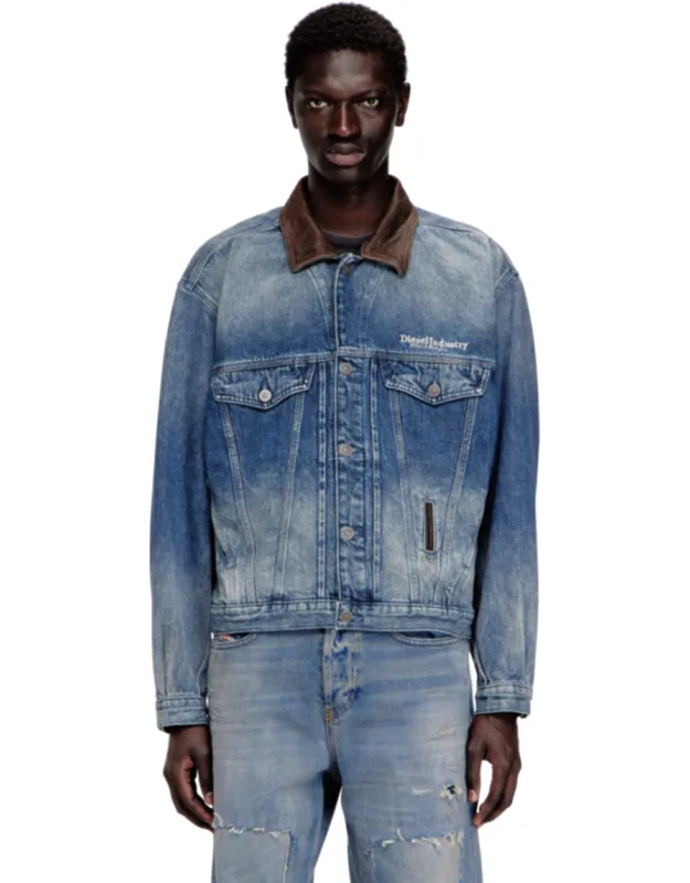 Denim Trucker Jacket With Contrast Leather Trims