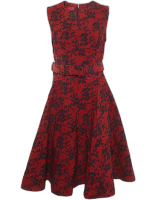 Embossed Floral Print Belted Mini Dress
