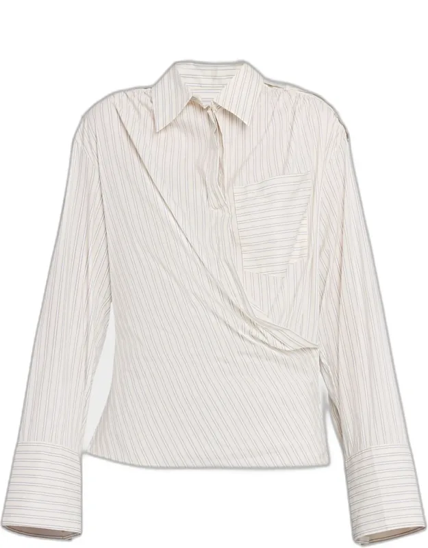 Lace Pinstripe Cotton Wrap Blouse