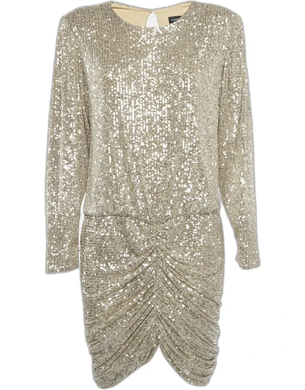 Silver Sequin Jersey Ruched Mini Dress