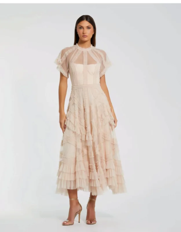 Flutter Sleeve Micro Ruffle Midi Dress