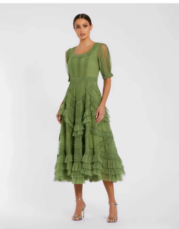 Short Sleeve Micro Ruffle Midi Dress