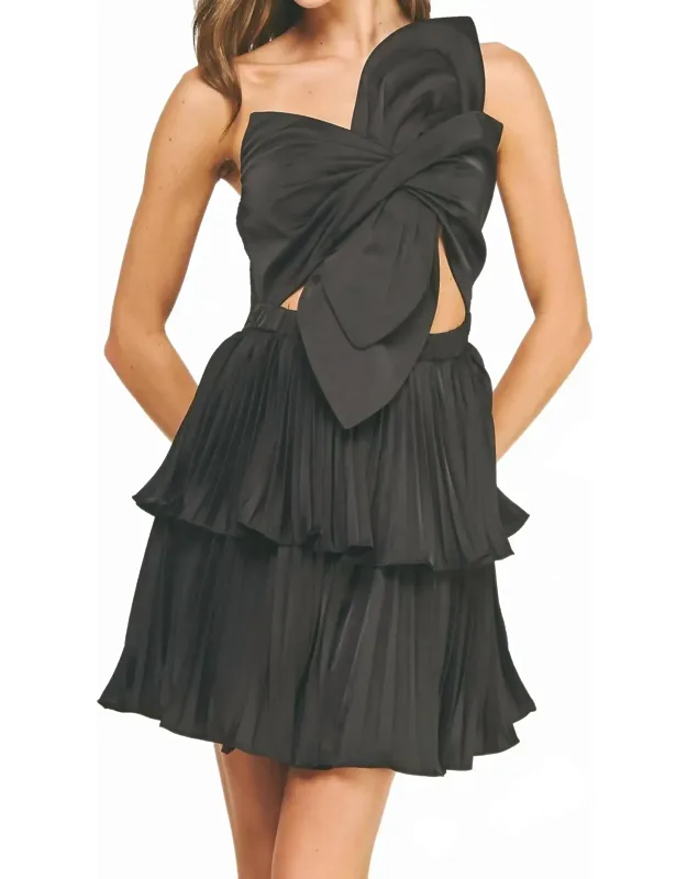 Knotted Flower Satin Pleated Mini Dress