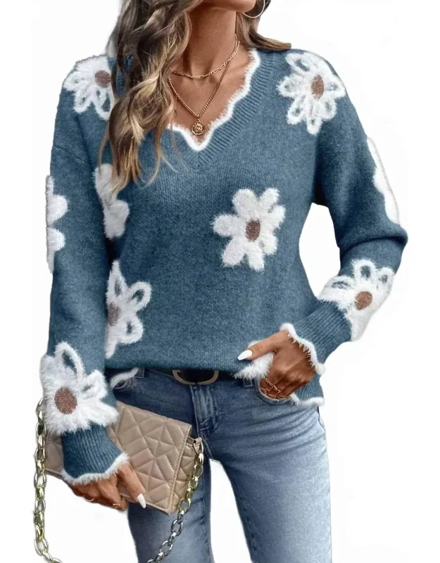 Floral Jacquard V-neck Sweater