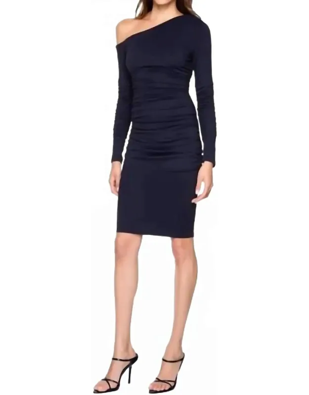 One Shoulder Off Shoulder Gathered Long Sleeve Mini Dress