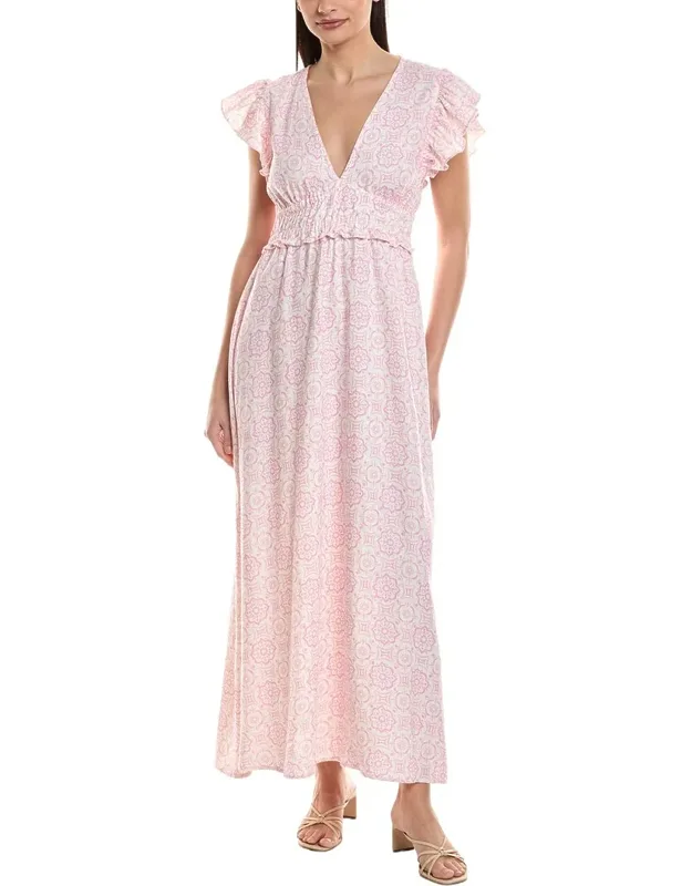 V-neck Flutter Sleeve Linen-blend Maxi Dress