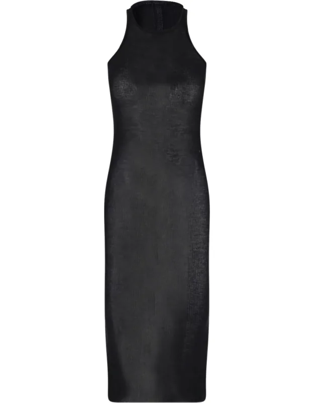 _midi Dress, Ribbed, High Neck, Sleeveless, Straight Hem_